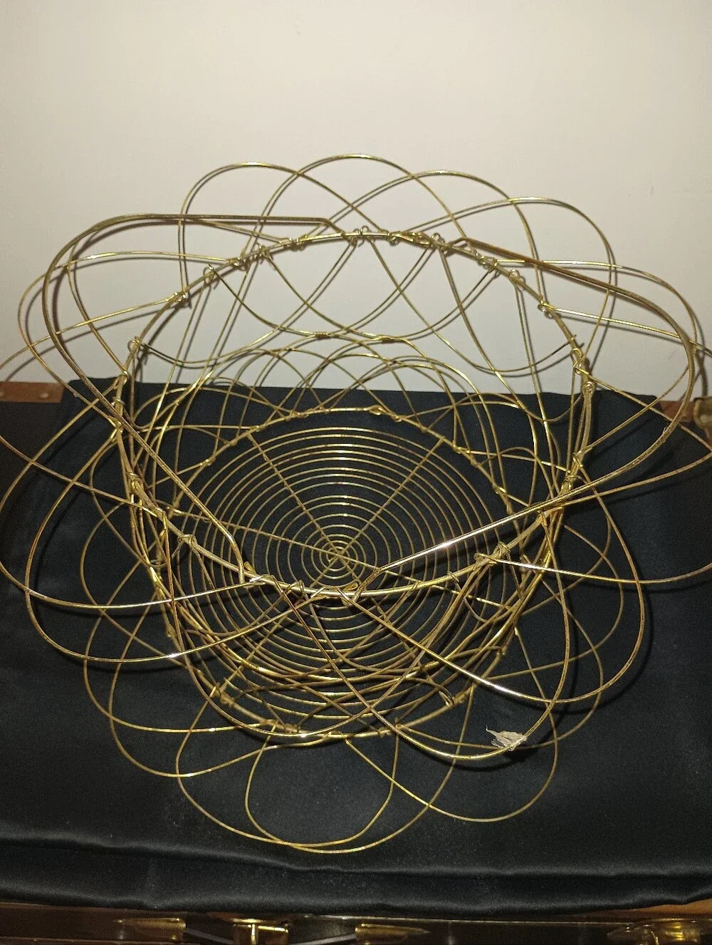 Collapsible Gold Wire Egg Collecting Basket Spirograph Pattern Vintage